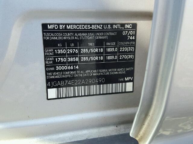 4JGAB74E22A290490 - 2002 MERCEDES-BENZ ML 55 SILVER photo 10