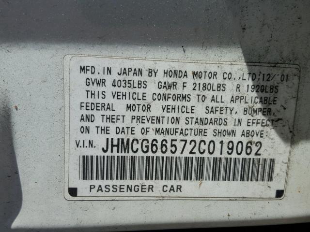 JHMCG66572C019062 - 2002 HONDA ACCORD LX WHITE photo 10