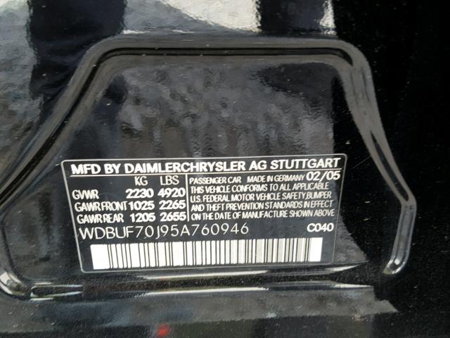 WDBUF70J95A760946 - 2005 MERCEDES-BENZ E 500 BLACK photo 10