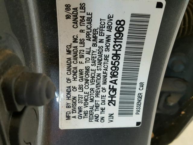 2HGFA16959H311968 - 2009 HONDA CIVIC EXL 灰色 照片 10