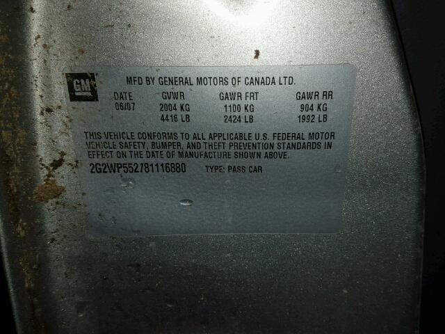 2G2WP552781116880 - 2008 PONTIAC GRAND PRIX SILVER photo 10