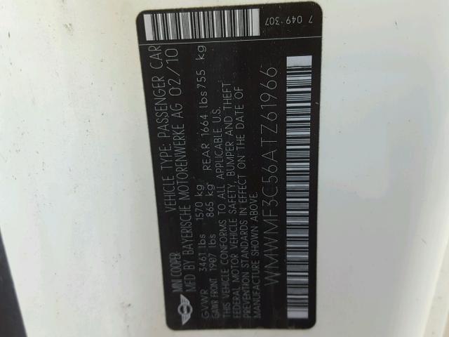 WMWMF3C56ATZ61966 - 2010 MINI COOPER WHITE photo 10