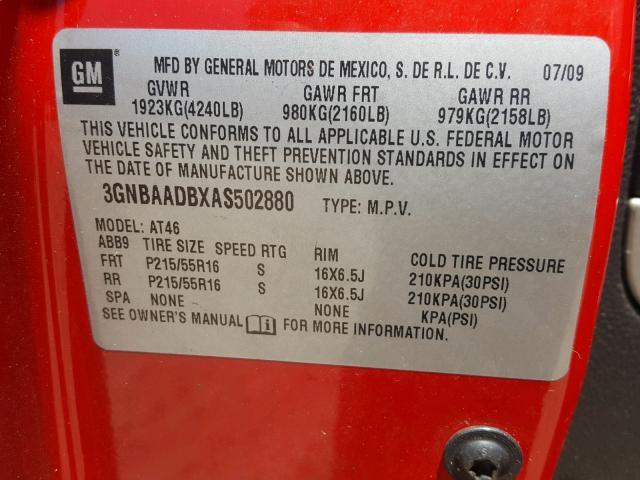 3GNBAADBXAS502880 - 2010 CHEVROLET HHR LS RED photo 10