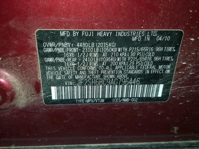 JF2SH6BC9AG796446 - 2010 SUBARU FORESTER X RED photo 10