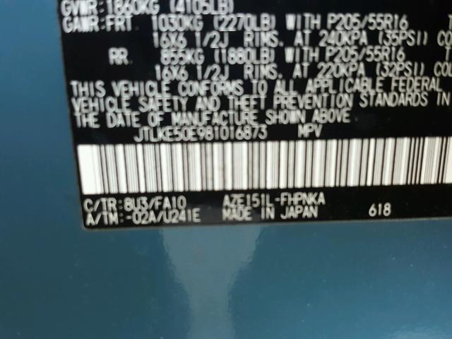 JTLKE50E981016873 - 2008 TOYOTA SCION XB GREEN photo 10