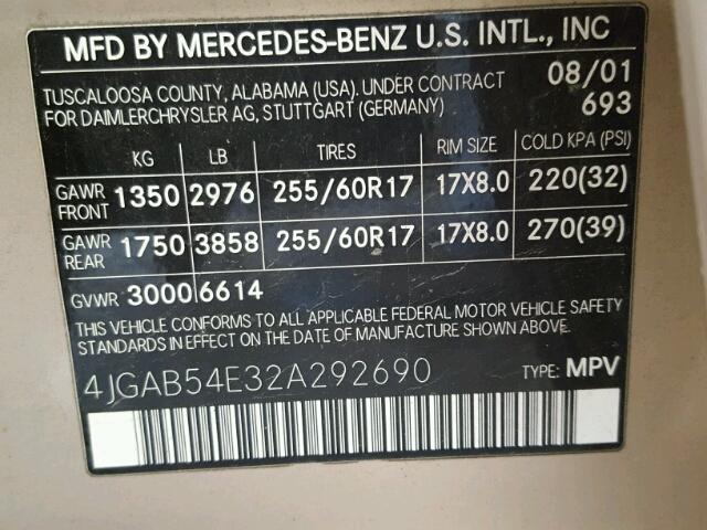 4JGAB54E32A292690 - 2002 MERCEDES-BENZ ML 320 GOLD photo 10