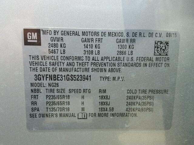 3GYFNBE31GS523941 - 2016 CADILLAC SRX LUXURY SILVER photo 10