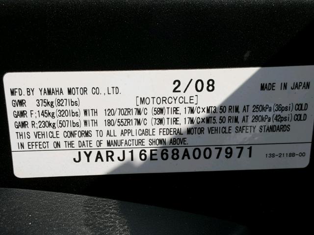 JYARJ16E68A007971 - 2008 YAMAHA YZFR6 BLACK photo 10