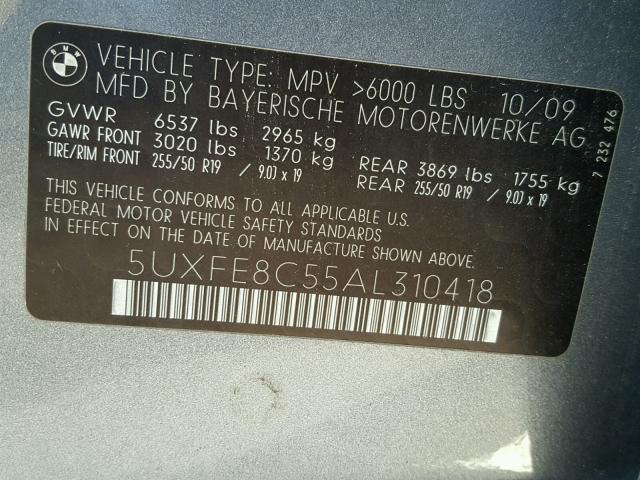 5UXFE8C55AL310418 - 2010 BMW X5 XDRIVE4 Grau Foto 10
