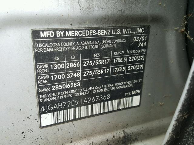 4JGAB72E91A267368 - 2001 MERCEDES-BENZ ML 430 SILVER photo 10