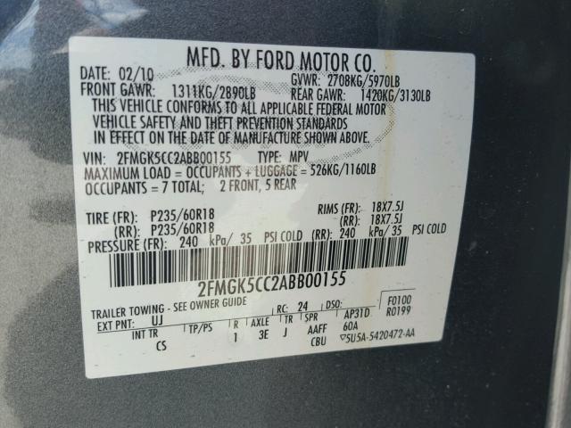 2FMGK5CC2ABB00155 - 2010 FORD FLEX SEL ნაცრისფერი ფოტო 10