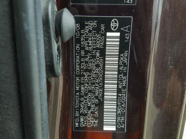 JTKDE167X90294591 - 2009 TOYOTA SCION TC 紫色 照片 10