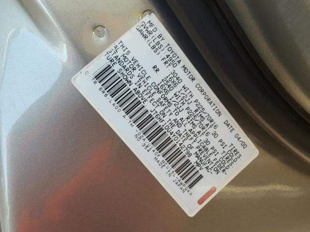 JT6HF10U4Y0142798 - 2000 LEXUS RX 300 GRAY photo 10