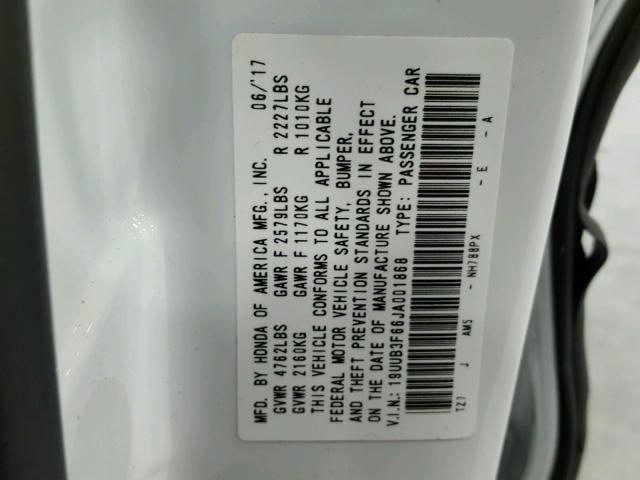 19UUB3F66JA001868 - 2018 ACURA TLX TECH+A თეთრი ფოტო 10