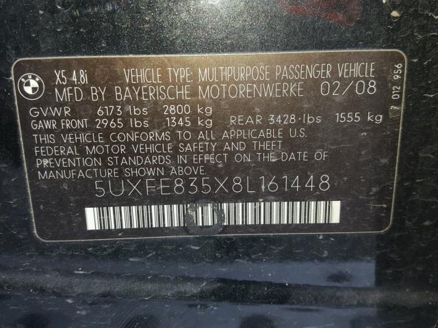 5UXFE835X8L161448 - 2008 BMW X5 4.8I BLACK photo 10