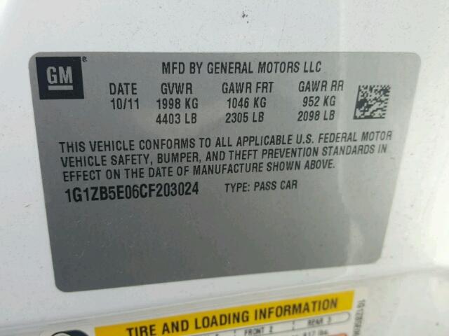 1G1ZB5E06CF203024 - 2012 CHEVROLET MALIBU LS თეთრი ფოტო 10