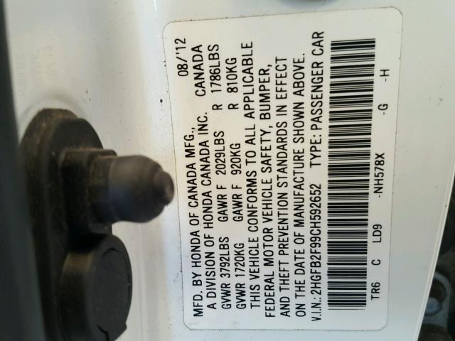 2HGFB2F99CH592652 - 2012 HONDA CIVIC EXL Ağ foto 10