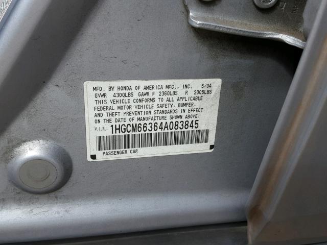 1HGCM66364A083845 - 2004 HONDA ACCORD LX SILVER photo 10