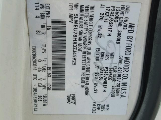 5LMEU78HX3ZJ45925 - 2003 LINCOLN AVIATOR 白色 照片 10