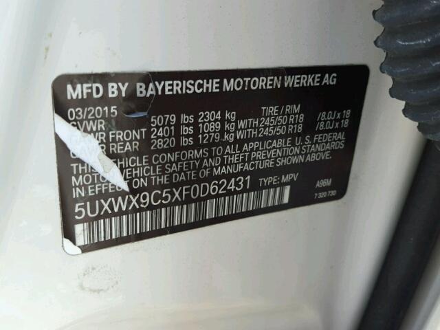 5UXWX9C5XF0D62431 - 2015 BMW X3 XDRIVE2 WHITE photo 10