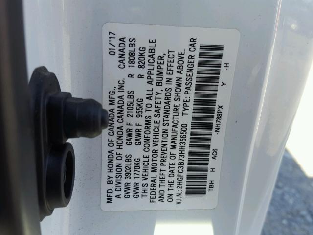 2HGFC3B73HH356500 - 2017 HONDA CIVIC EXL WHITE photo 10