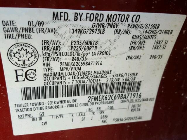2FMEK62C69BA71916 - 2009 FORD FLEX SEL წითელი ფოტო 10