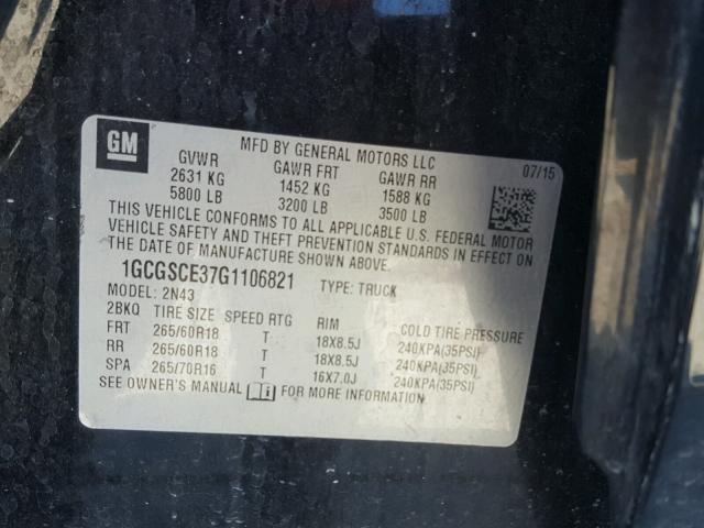 1GCGSCE37G1106821 - 2016 CHEVROLET COLORADO L BLACK photo 10