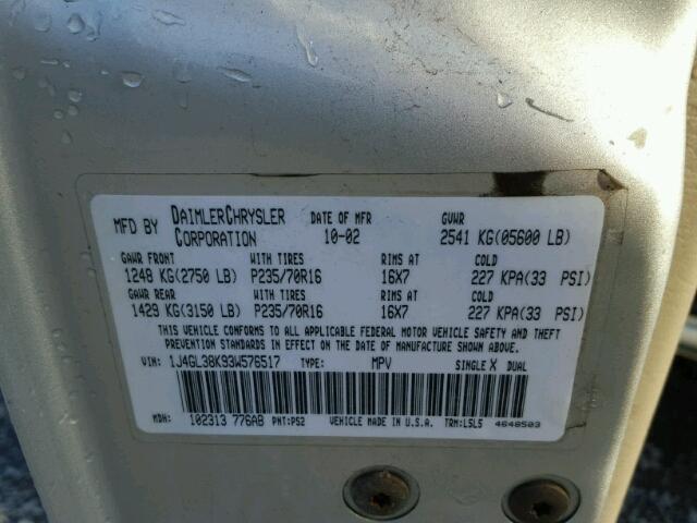 1J4GL38K93W576517 - 2003 JEEP LIBERTY RE SILVER photo 10