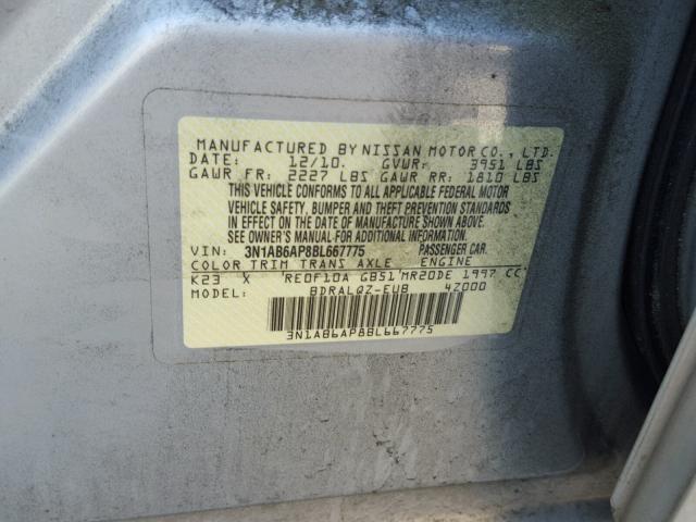 3N1AB6AP8BL667775 - 2011 NISSAN SENTRA 2.0 SILVER photo 10