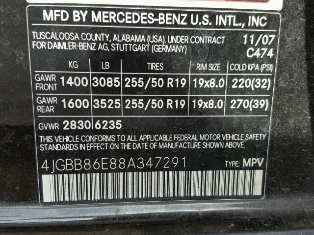 4JGBB86E88A347291 - 2008 MERCEDES-BENZ ML 350 BLACK photo 10