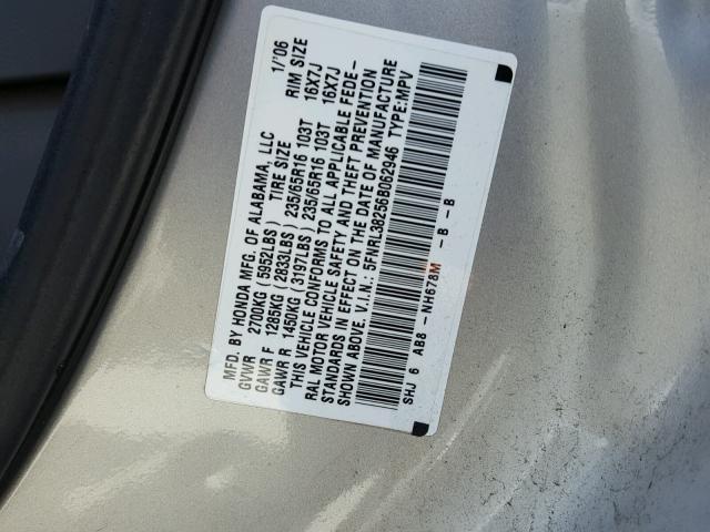 5FNRL38256B062946 - 2006 HONDA ODYSSEY LX SILVER photo 10