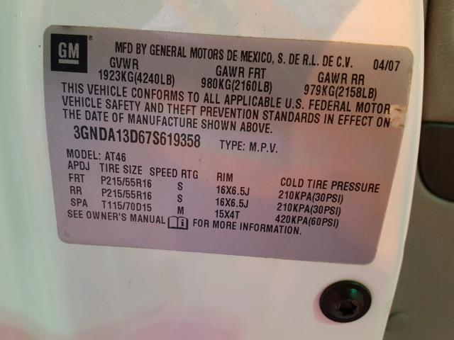 3GNDA13D67S619358 - 2007 CHEVROLET HHR LS WHITE photo 10