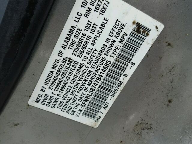5FNRL38747B414685 - 2007 HONDA ODYSSEY EX SILVER photo 10