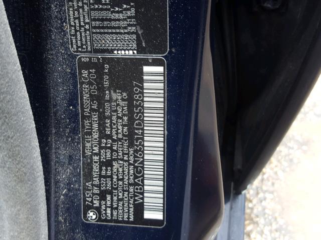 WBAGN63514DS53897 - 2004 BMW 745 LI BLUE photo 10