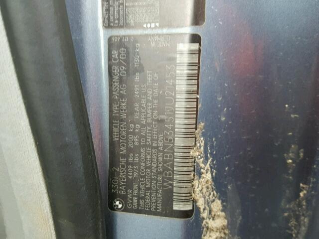 WBABN53451JU21453 - 2001 BMW 330 CI BLUE photo 10