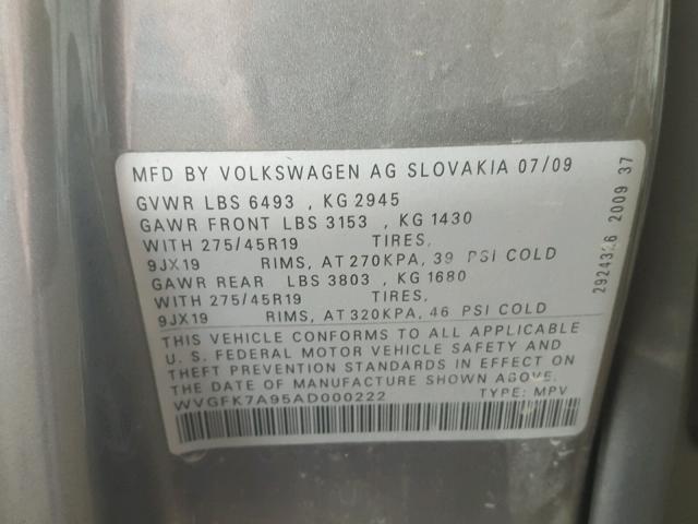 WVGFK7A95AD000222 - 2010 VOLKSWAGEN TOUAREG TD GRAY photo 10