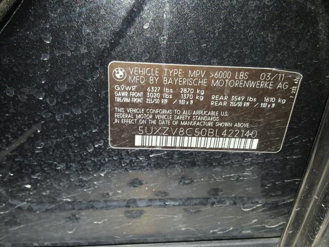 5UXZV8C50BL422140 - 2011 BMW X5 XDRIVE5 შავი ფოტო 10