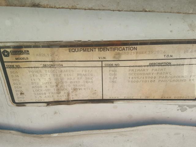 2B6HB21Y8KK392826 - 1989 DODGE RAM VAN B2 WHITE photo 10