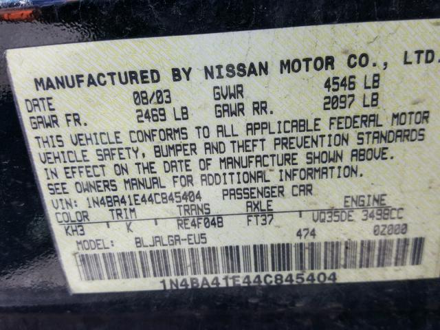 1N4BA41E44C845404 - 2004 NISSAN MAXIMA SE BLACK photo 10