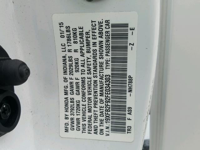 19XFB2F92FE034303 - 2015 HONDA CIVIC EXL WHITE photo 10