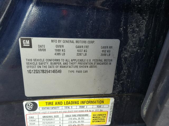 1G1ZG57B294146549 - 2009 CHEVROLET MALIBU LS BLUE photo 10