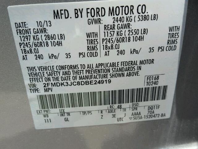 2FMDK3JC8DBE24919 - 2013 FORD EDGE SILVER photo 10