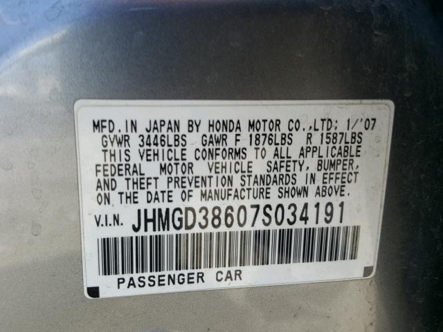 JHMGD38607S034191 - 2007 HONDA FIT S CHARCOAL photo 10