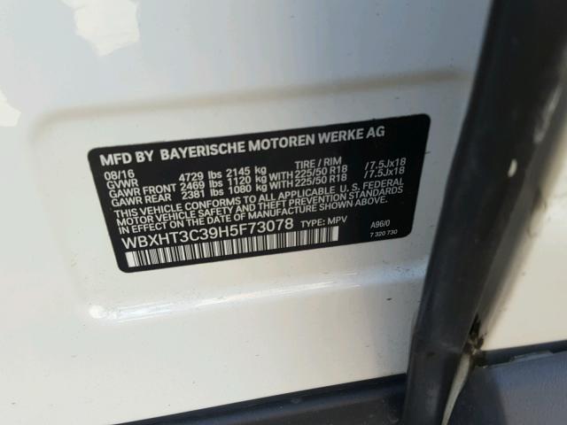 WBXHT3C39H5F73078 - 2017 BMW X1 XDRIVE2 Blanco foto 10