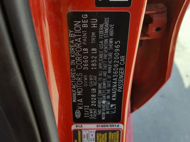 KNADN4A36D6200965 - 2013 KIA RIO EX RED photo 10