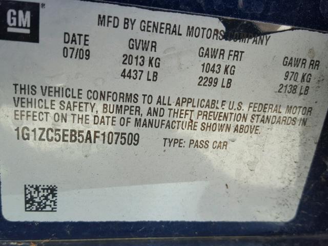 1G1ZC5EB5AF107509 - 2010 CHEVROLET MALIBU 1LT 蓝色 照片 10