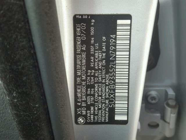 5UXFB93552LN79194 - 2002 BMW X5 4.6IS SILVER photo 10