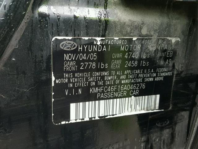 KMHFC46F16A046276 - 2006 HYUNDAI AZERA SE BLACK photo 10