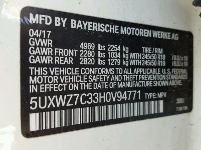 5UXWZ7C33H0V94771 - 2017 BMW X3 SDRIVE2 WHITE photo 10