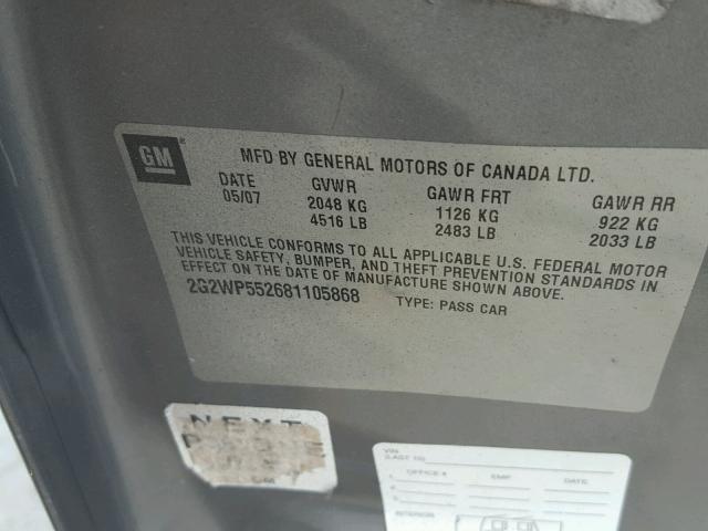 2G2WP552681105868 - 2008 PONTIAC GRAND PRIX GRAY photo 10